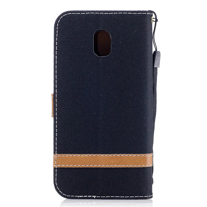 Two-tone Jean Cloth Leather Wallet Stand Casing with Card Slots for Samsung Galaxy J3 (2017) EU Version - Black - 3