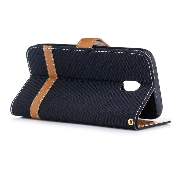 Two-tone Jean Cloth Leather Wallet Stand Casing with Card Slots for Samsung Galaxy J3 (2017) EU Version - Black - 4