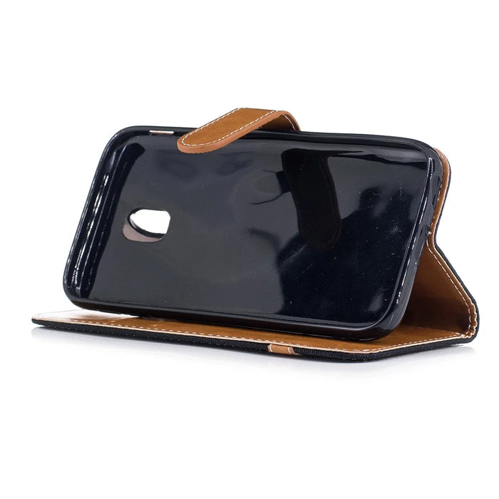 Two-tone Jean Cloth Leather Wallet Stand Casing with Card Slots for Samsung Galaxy J3 (2017) EU Version - Black - 5