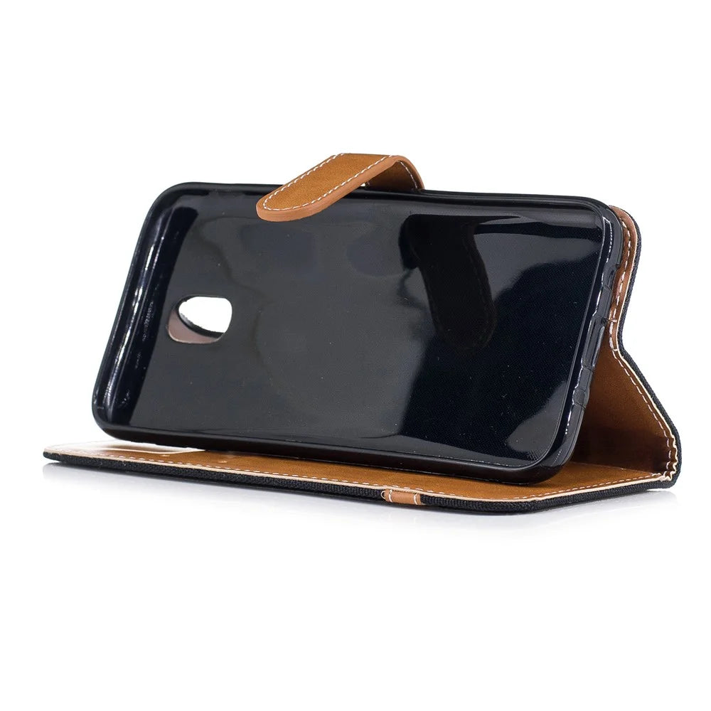 Two-tone Jean Cloth PU Leather Wallet Stand Case for Samsung Galaxy J5 (2017) J530 EU Version - Black - 5