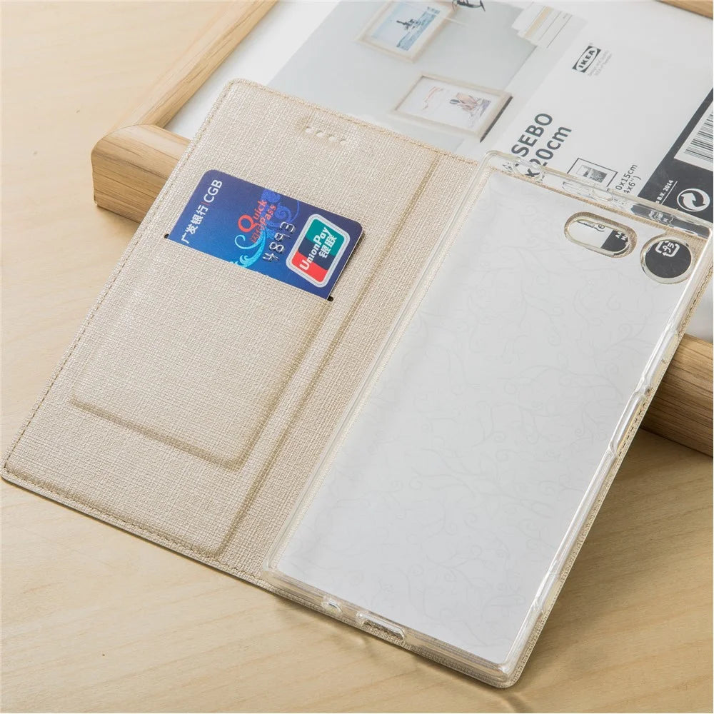 VILI DMX Style Auto-absorbed Flip Stand Leather Case Cover for Sony Xperia XZ1 Compact - Gold - 3