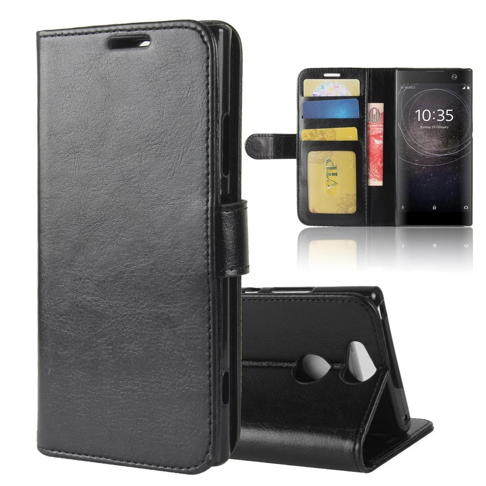 Crazy Horse Wallet Leather Cell Phone Case for Sony Xperia XA2 - Black - 1