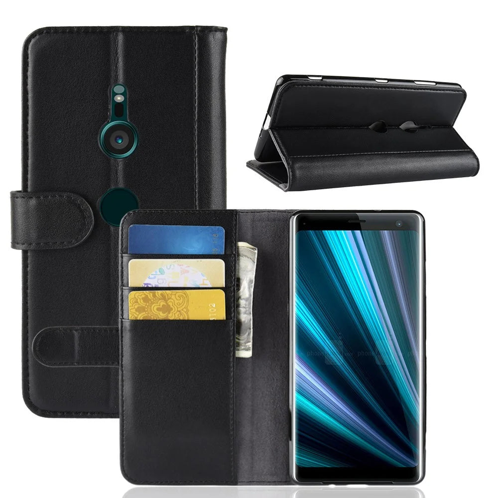 For Sony Xperia XZ3 Phone Cases Genuine Split Leather Wallet Mobile Cover Stand - Black - 1