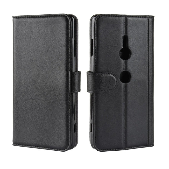 For Sony Xperia XZ3 Phone Cases Genuine Split Leather Wallet Mobile Cover Stand - Black - 2