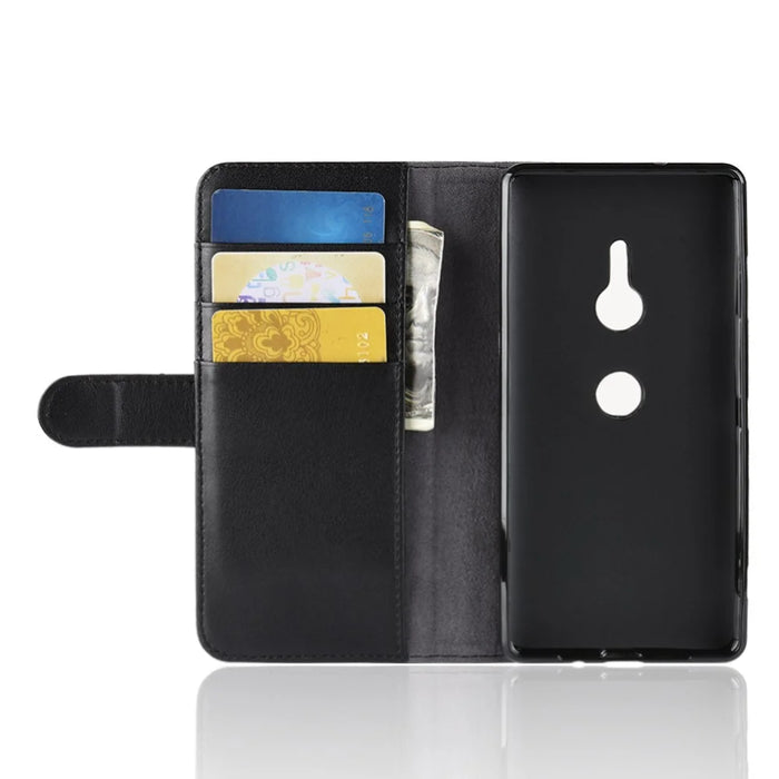 For Sony Xperia XZ3 Phone Cases Genuine Split Leather Wallet Mobile Cover Stand - Black - 5