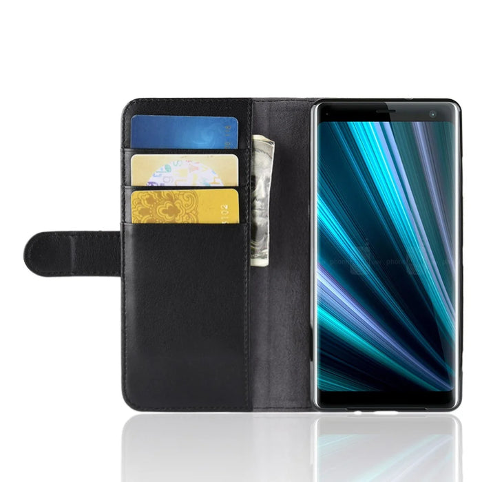 For Sony Xperia XZ3 Phone Cases Genuine Split Leather Wallet Mobile Cover Stand - Black - 6