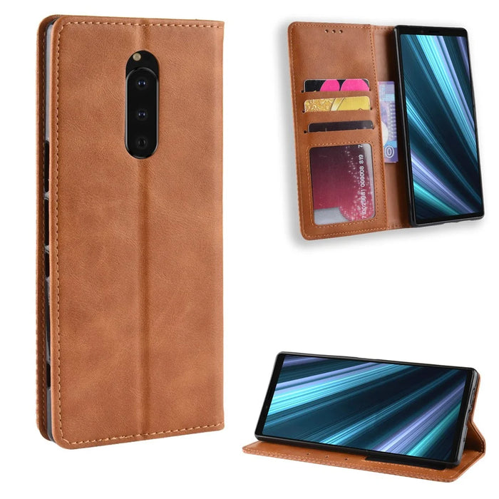 Vintage Style Leather Wallet Case for Sony Xperia 1 - Brown - 1