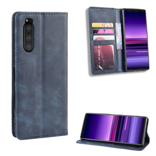 Auto-absorbed Retro Style Wallet Stand Leather Phone Cover for Sony Xperia 5 - Blue - 1