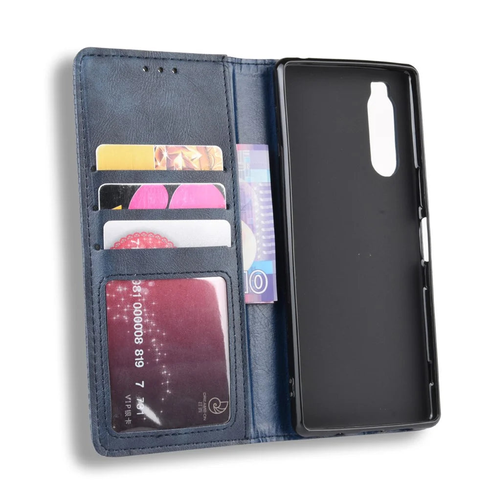 Auto-absorbed Retro Style Wallet Stand Leather Phone Cover for Sony Xperia 5 - Blue - 3