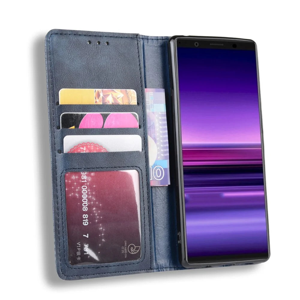 Auto-absorbed Retro Style Wallet Stand Leather Phone Cover for Sony Xperia 5 - Blue - 4