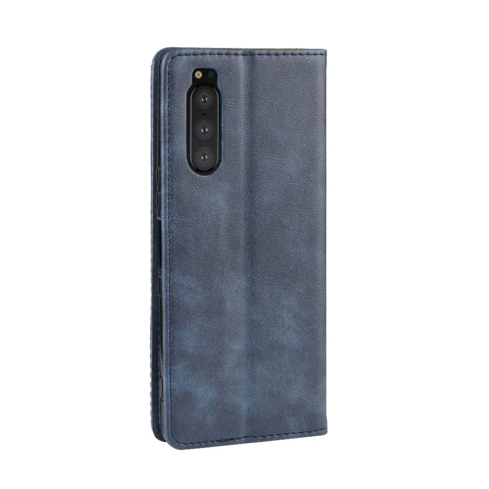 Auto-absorbed Retro Style Wallet Stand Leather Phone Cover for Sony Xperia 5 - Blue - 6