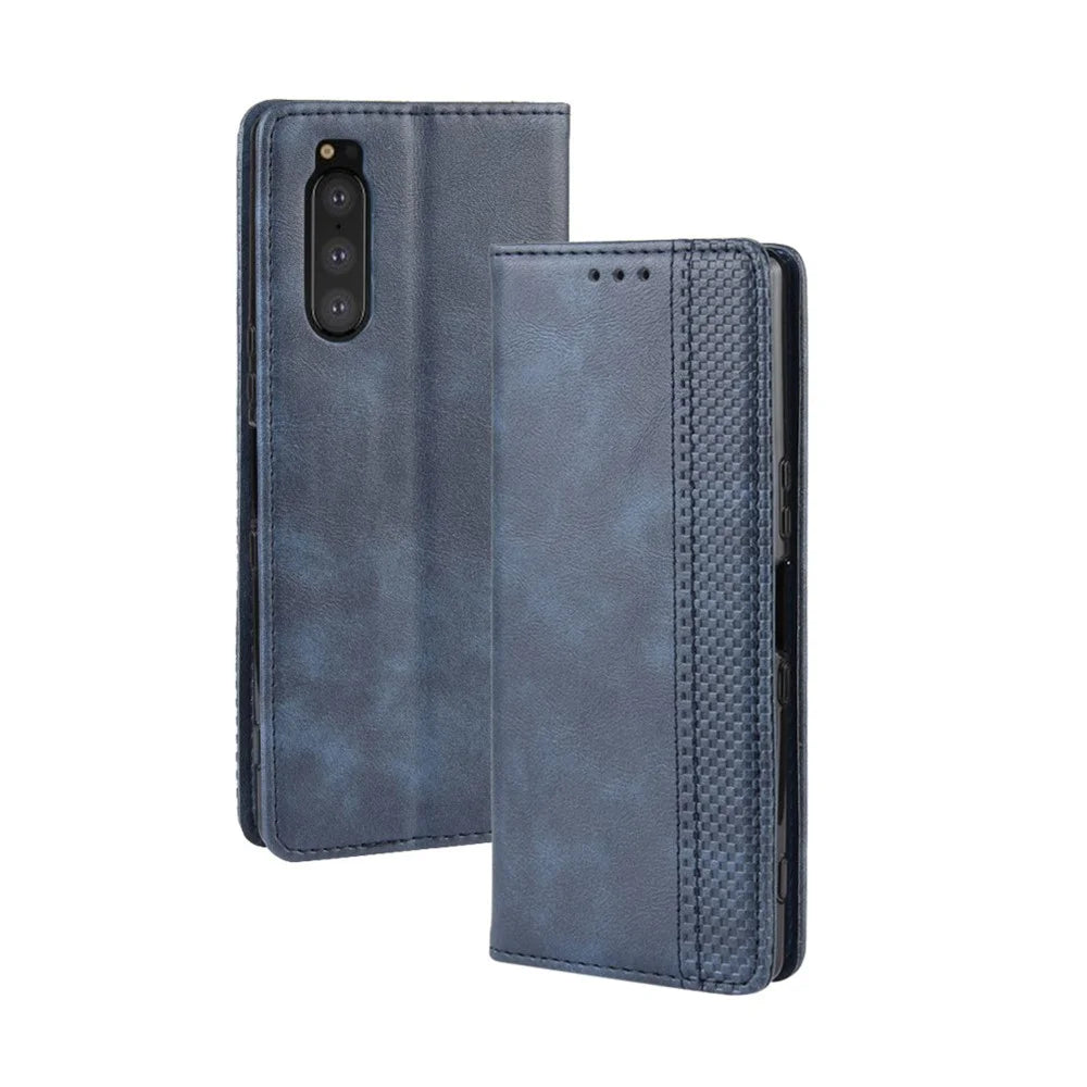 Auto-absorbed Retro Style Wallet Stand Leather Phone Cover for Sony Xperia 5 - Blue - 7
