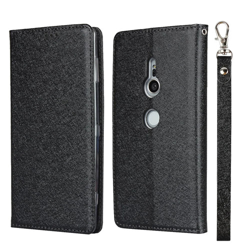 Silk Texture Leather Wallet Stand Phone Case Cover for Sony Xperia XZ2 - Black - 1
