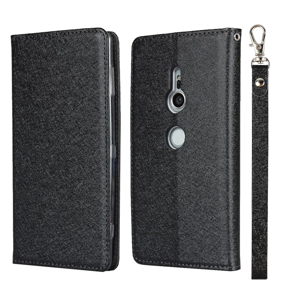 Silk Texture Leather Wallet Stand Phone Case Cover for Sony Xperia XZ2 - Black - 1