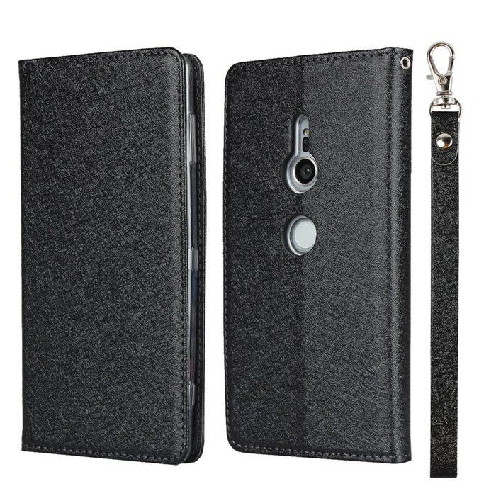 Silk Texture Leather Wallet Stand Phone Case Cover for Sony Xperia XZ2 - Black - 1
