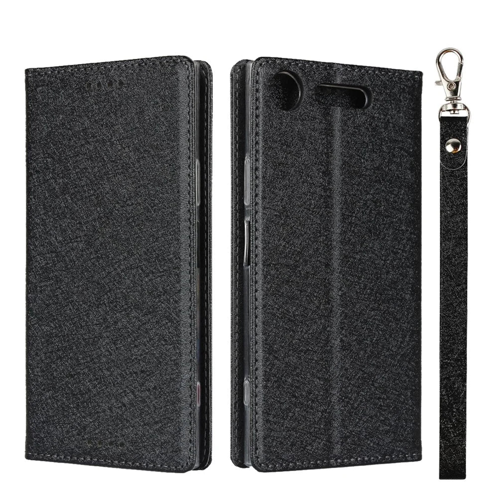 Silk Skin Wallet Stand Leather Protective Phone Case for Sony Xperia XZ1 - Black - 1