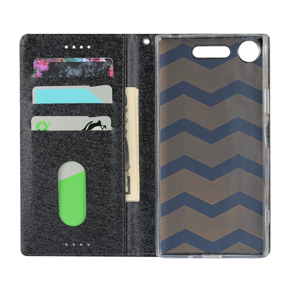Silk Skin Wallet Stand Leather Protective Phone Case for Sony Xperia XZ1 - Black - 5