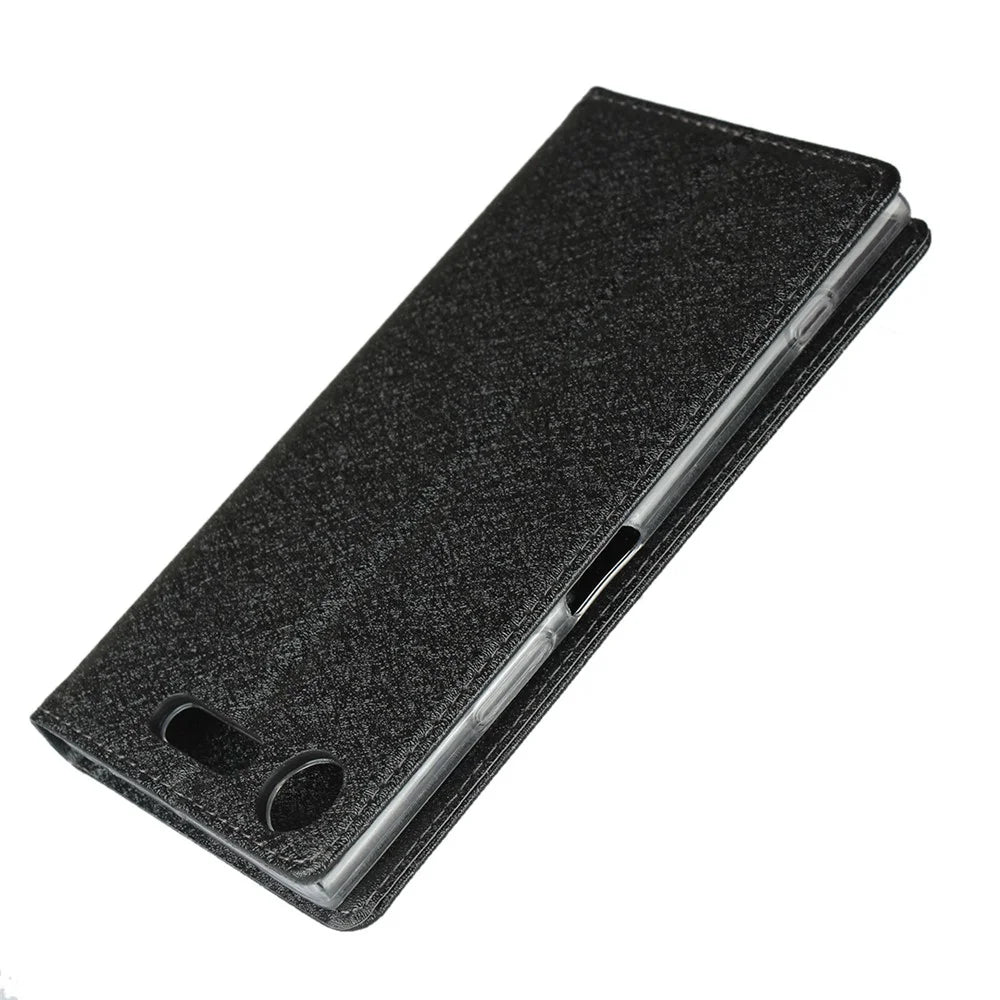 Silk Skin Wallet Stand Leather Protective Phone Case for Sony Xperia XZ1 - Black - 7