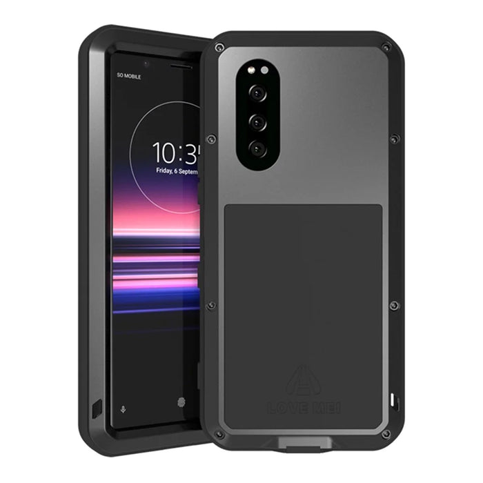 LOVE MEI Tempered Glass + Metal + Silicone Drop-proof Shockproof Dustproof Phone Case for Sony Xperia 5 - Black - 1