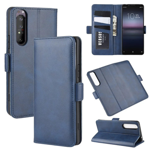 Double Clasp Flip Leather Wallet Stand Phone Cover for Sony Xperia 1 II - Blue - 1