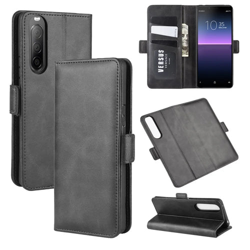 Double Clasp Flip Leather Wallet Stand Phone Shell for Sony Xperia 10 II - Black - 1