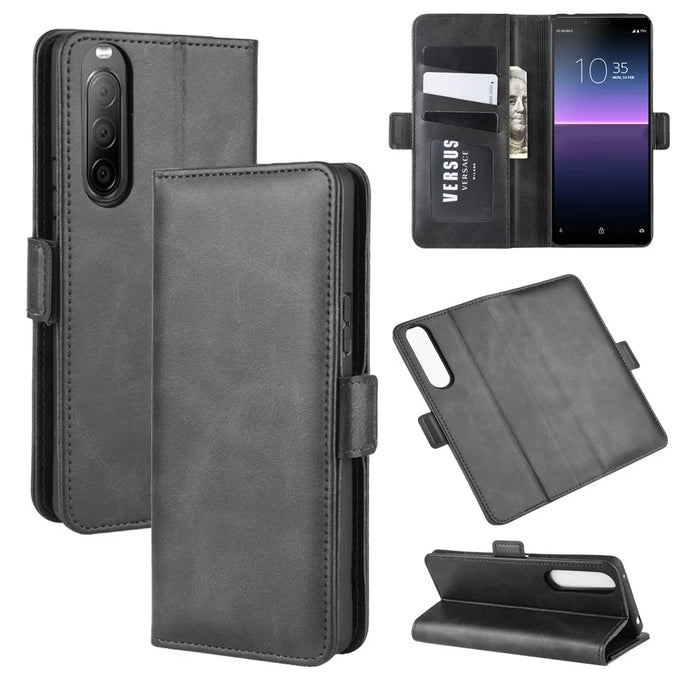 Double Clasp Flip Leather Wallet Stand Phone Shell for Sony Xperia 10 II - Black - 1