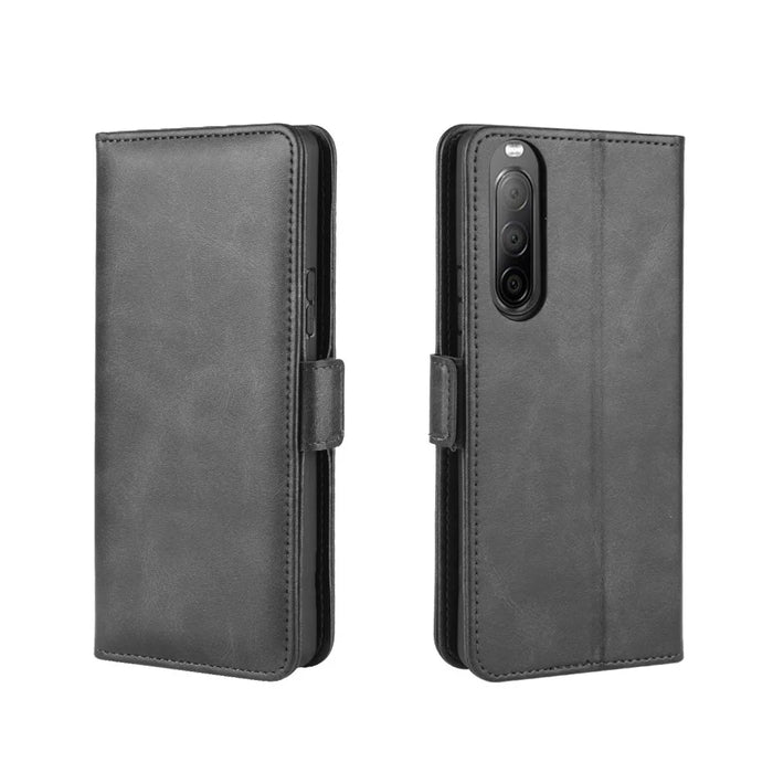 Double Clasp Flip Leather Wallet Stand Phone Shell for Sony Xperia 10 II - Black - 2