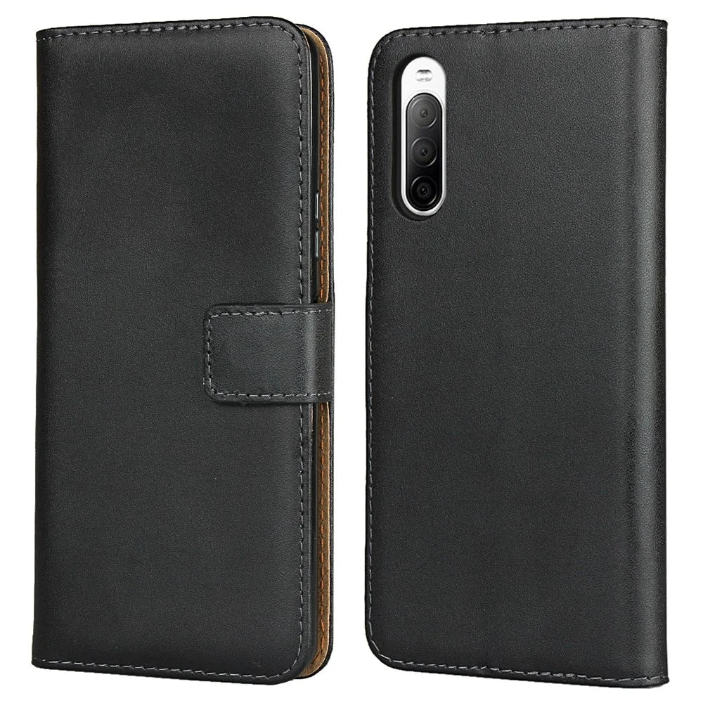 Genuine Leather Phone Shell Cover with Folio Flip Wallet Foldable Stand for Sony Xperia 10 II - 1