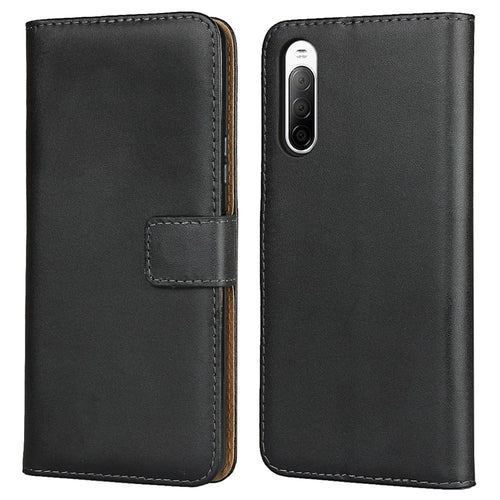 Genuine Leather Phone Shell Cover with Folio Flip Wallet Foldable Stand for Sony Xperia 10 II - 1