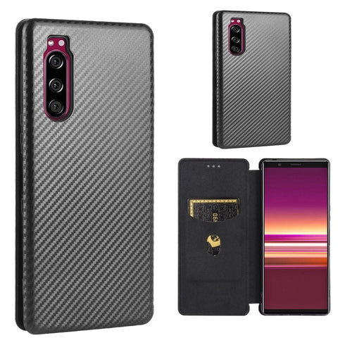 Carbon Fiber Auto-absorbed Leather Case with Card Slot for Sony Xperia 5 II - Black - 1