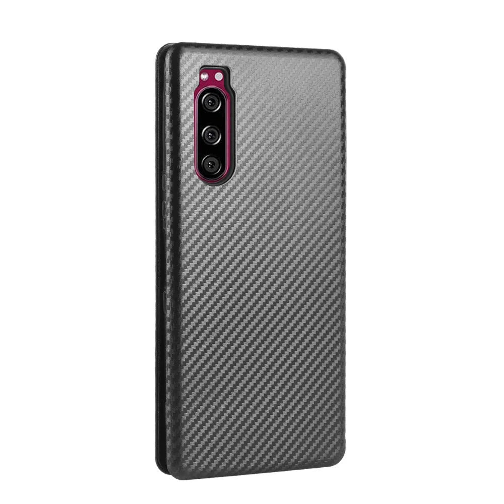Carbon Fiber Auto-absorbed Leather Case with Card Slot for Sony Xperia 5 II - Black - 6