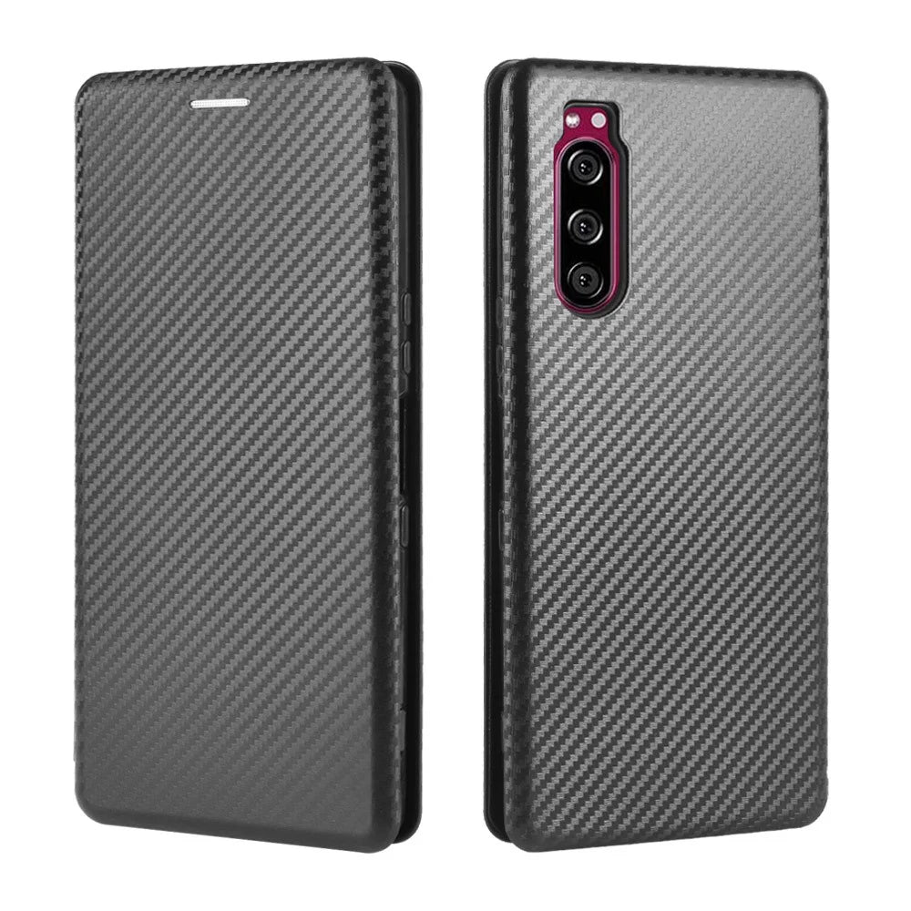 Carbon Fiber Auto-absorbed Leather Case with Card Slot for Sony Xperia 5 II - Black - 7