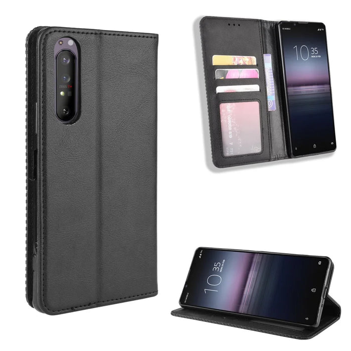 Auto-absorbed Retro Case Leather Phone Cover with Stand Wallet for Sony Xperia 5 II - Black - 1