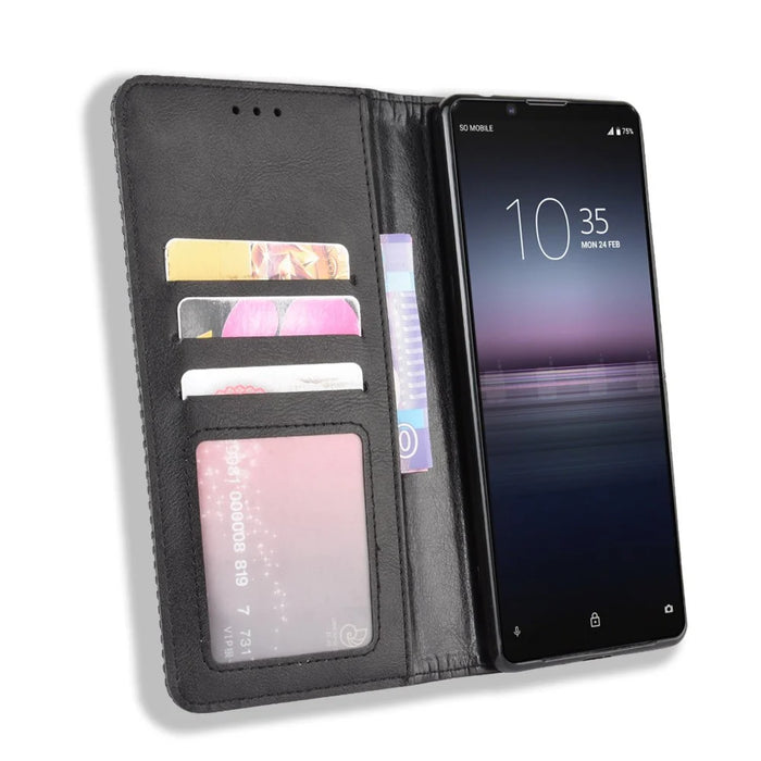 Auto-absorbed Retro Case Leather Phone Cover with Stand Wallet for Sony Xperia 5 II - Black - 5