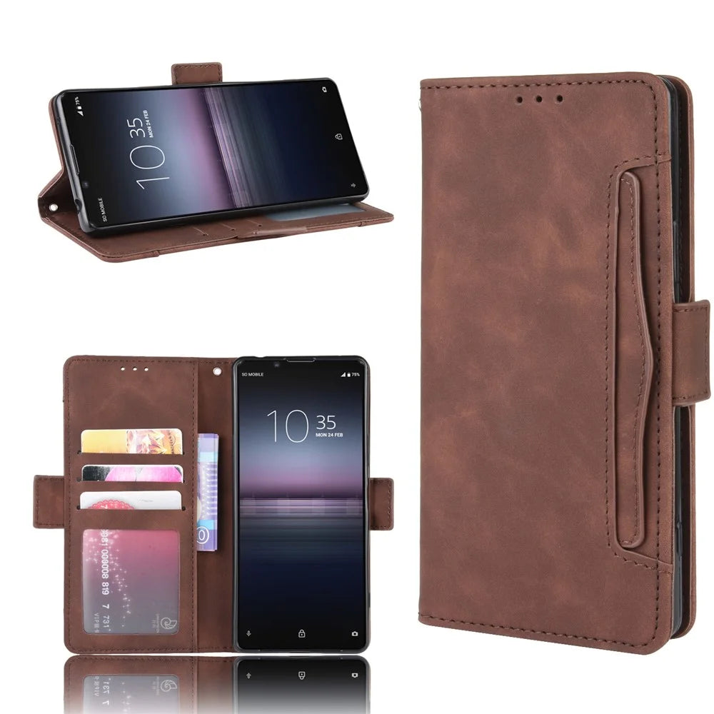 Multi-slot Leather Case Wallet Stand Shell for Sony Xperia 5 II - Brown - 1