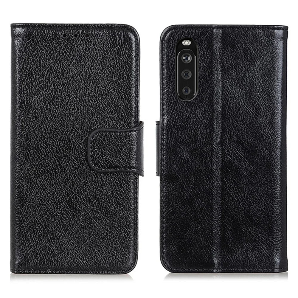 Nappa Texture Split Leather Wallet Stand Case for Sony Xperia 10 III 5G - Black - 1