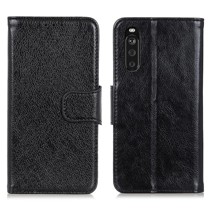 Nappa Texture Split Leather Wallet Stand Case for Sony Xperia 10 III 5G - Black - 1