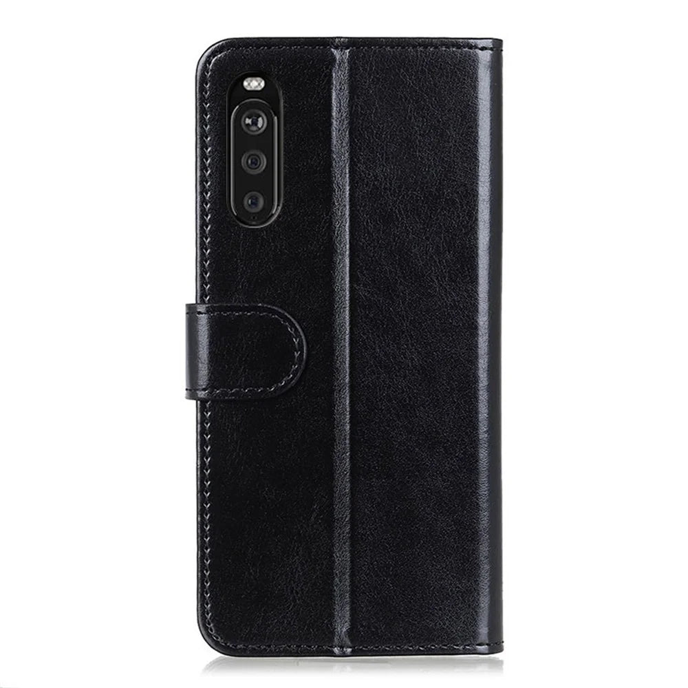For Sony Xperia 10 III 5G Mobile Phone Case Bag Crazy Horse Wallet Leather Stand Shell Covering - Black - 5