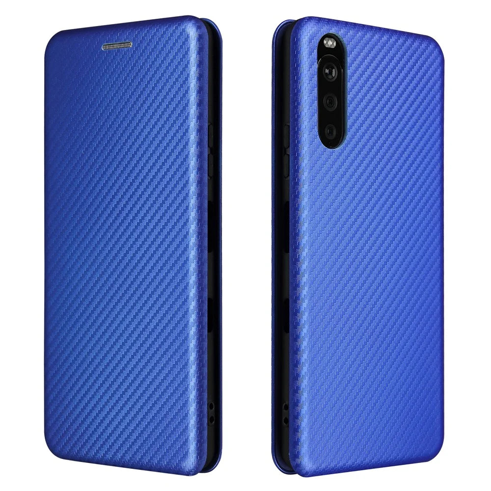 Auto-absorbed Anti-scratch Carbon Fiber Texture Cell Phone Stand Cover for Sony Xperia 10 III 5G Leather Case - Blue - 1