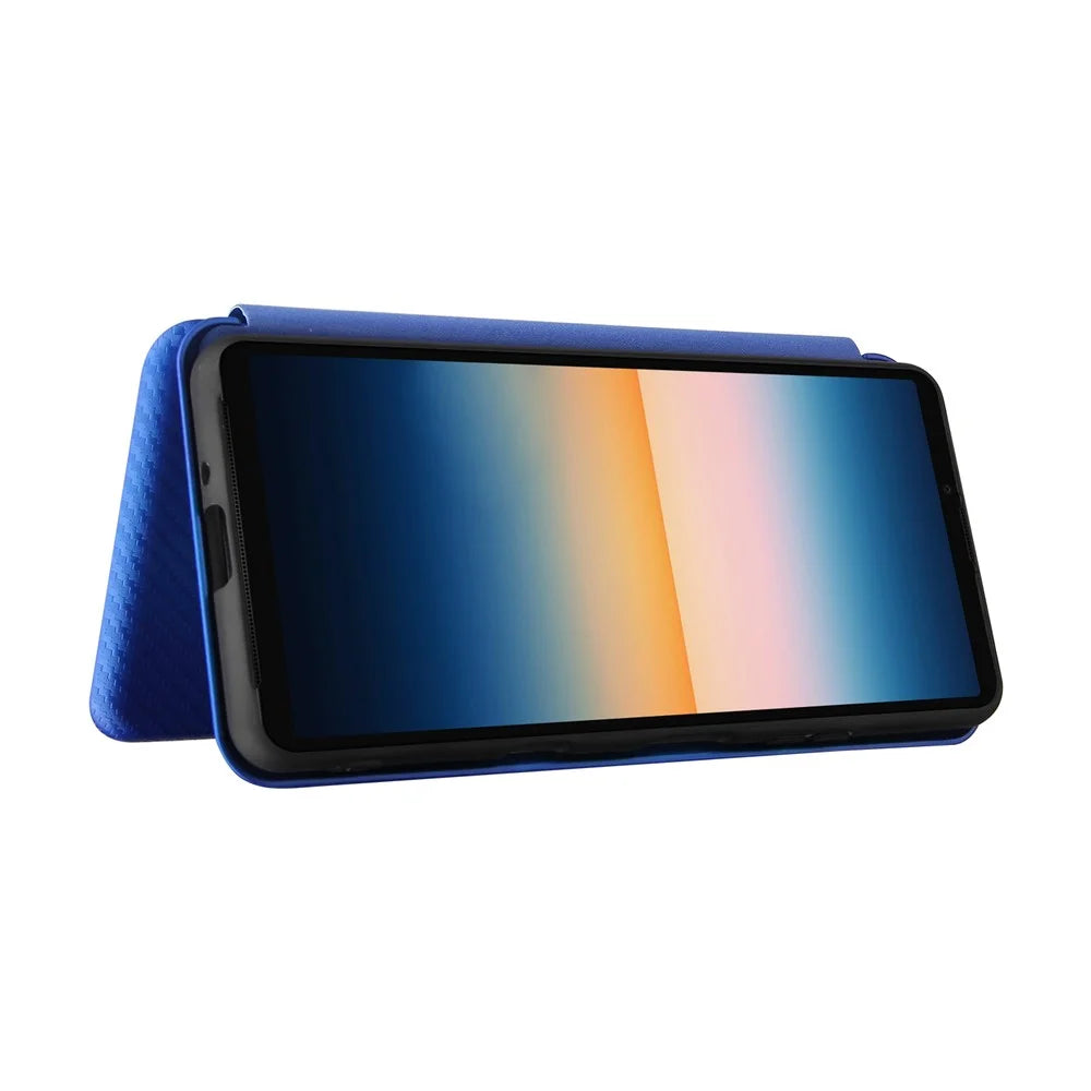 Auto-absorbed Anti-scratch Carbon Fiber Texture Cell Phone Stand Cover for Sony Xperia 10 III 5G Leather Case - Blue - 4