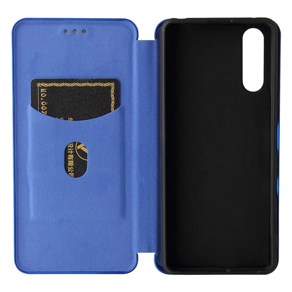 Auto-absorbed Anti-scratch Carbon Fiber Texture Cell Phone Stand Cover for Sony Xperia 10 III 5G Leather Case - Blue - 5