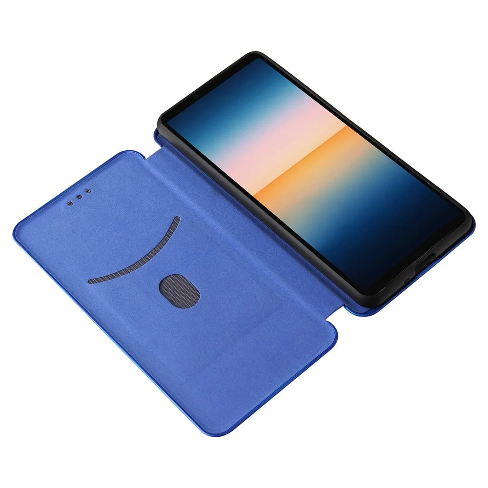 Auto-absorbed Anti-scratch Carbon Fiber Texture Cell Phone Stand Cover for Sony Xperia 10 III 5G Leather Case - Blue - 6