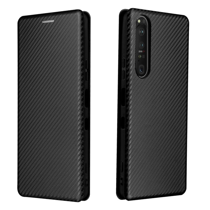 Carbon Fiber Texture Auto-absorbed Cell Phone Stand Cover for Sony Xperia 1 III 5G Leather Case - Black - 1