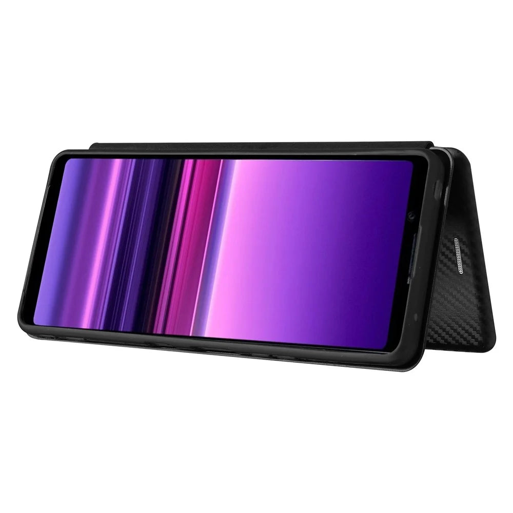 Carbon Fiber Texture Auto-absorbed Cell Phone Stand Cover for Sony Xperia 1 III 5G Leather Case - Black - 3