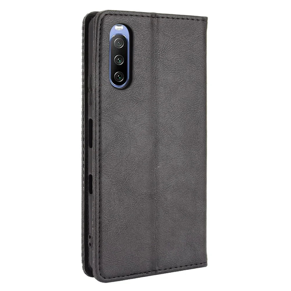 Magnetic Closure Vintage Style Phone Case Wallet Stand Leather Cover for Sony Xperia 10 III 5G - Black - 3