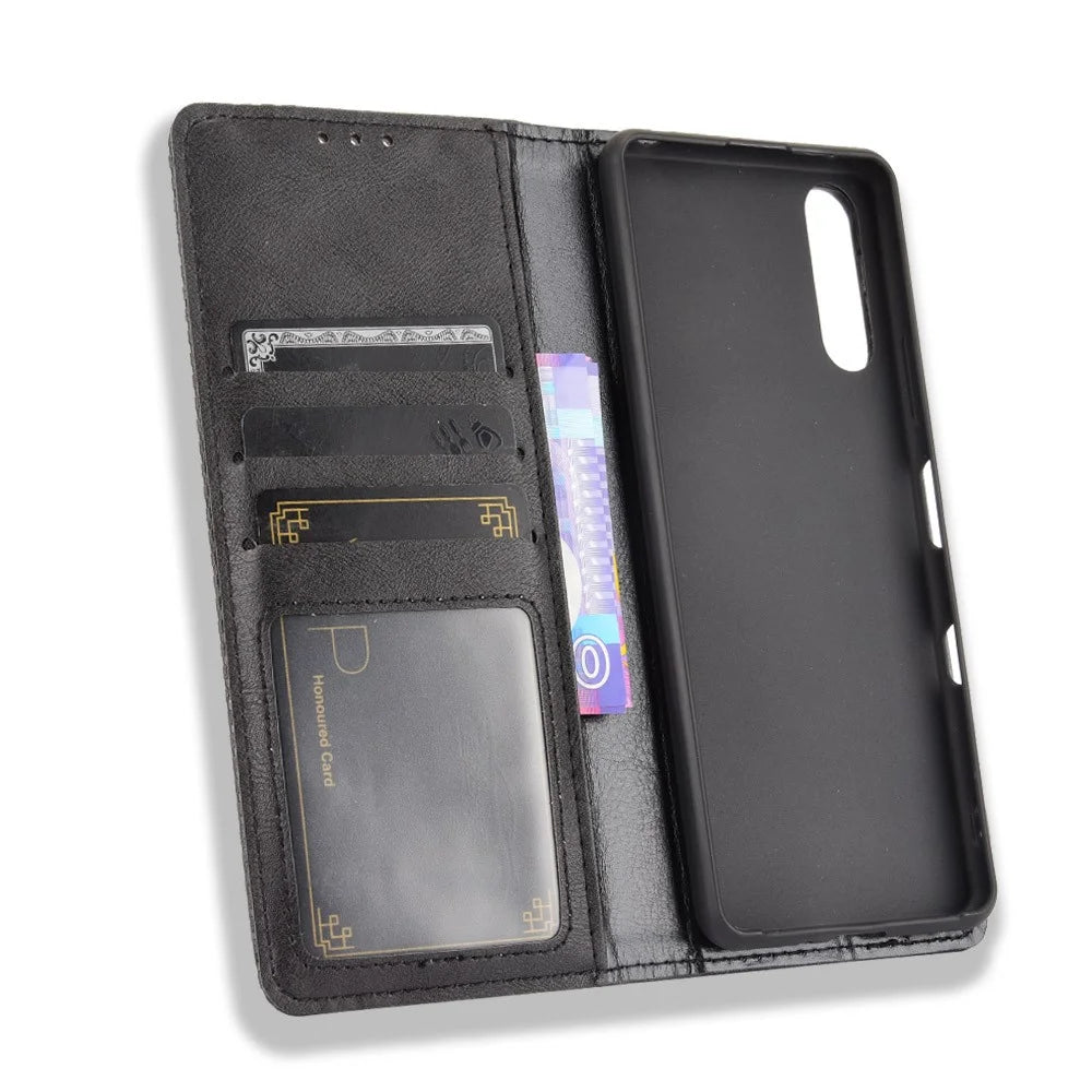 Magnetic Closure Vintage Style Phone Case Wallet Stand Leather Cover for Sony Xperia 10 III 5G - Black - 6