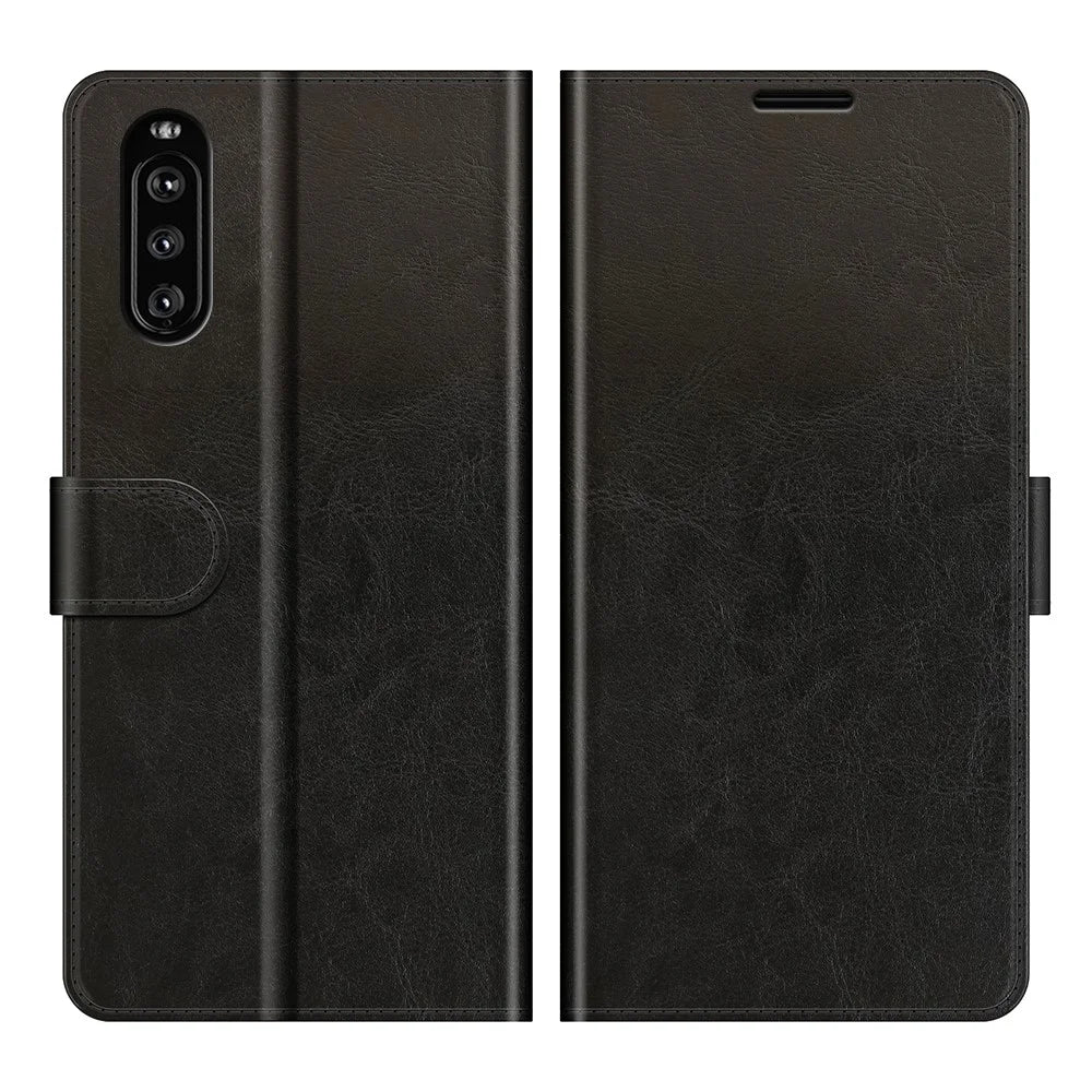 Folio Flip Crazy Horse Texture Leather Casing with Wallet Stand for Sony Xperia 10 III 5G - Black - 1