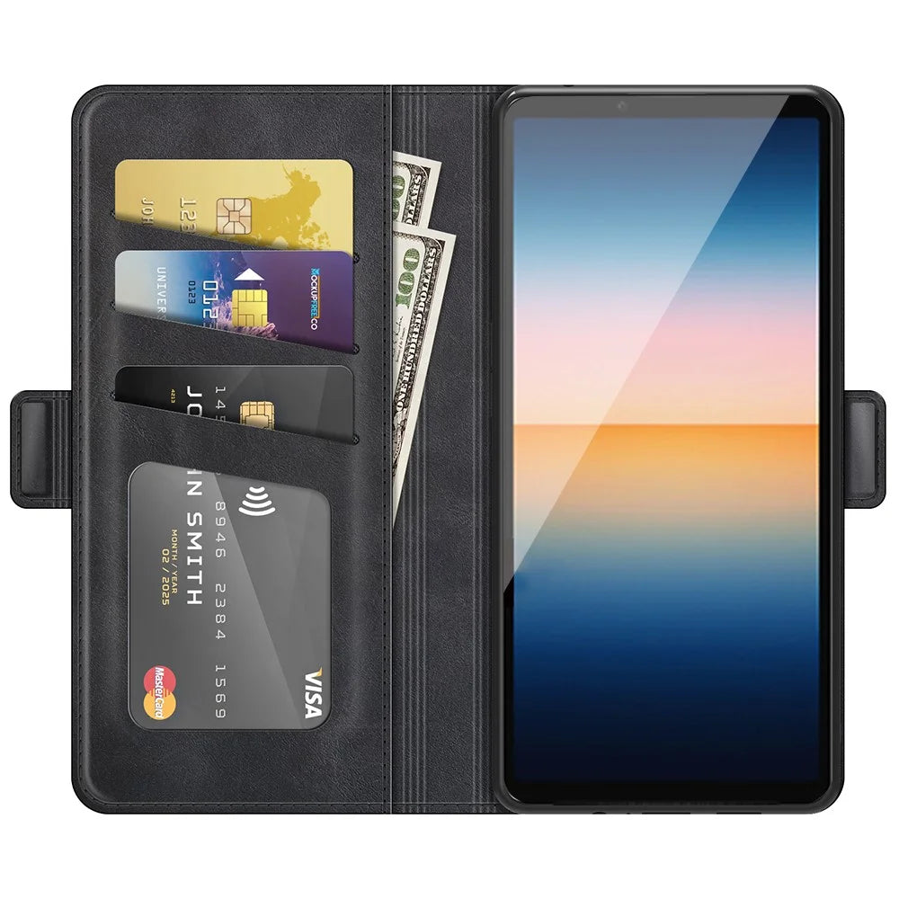 Magnetic Double Clasp PU Leather Wallet Stand Case Shell for Sony Xperia 10 III 5G / Xperia 10 III Lite - Black - 3
