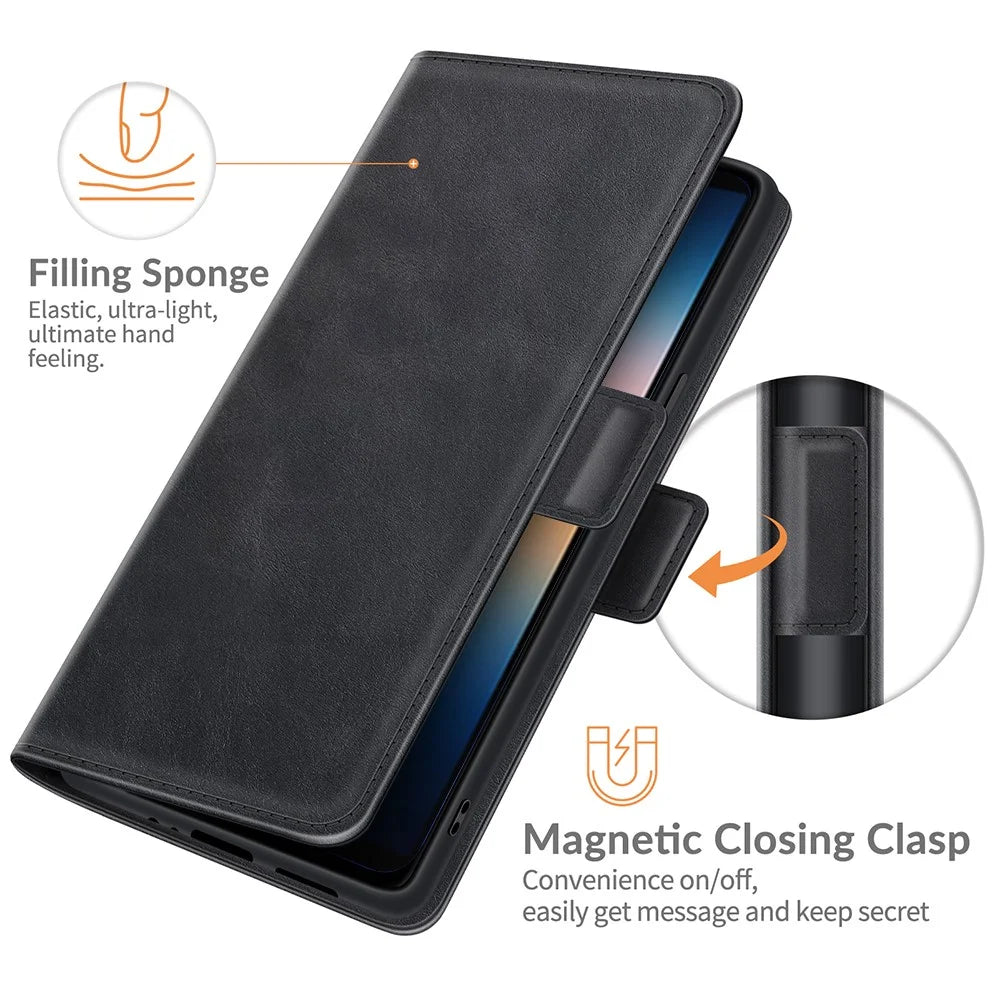 Magnetic Double Clasp PU Leather Wallet Stand Case Shell for Sony Xperia 10 III 5G / Xperia 10 III Lite - Black - 5