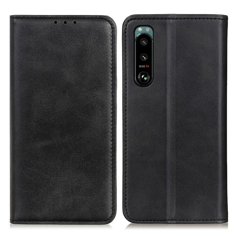 Auto-absorbed Split Leather Wallet Phone Cover with Stand Shell for Sony Xperia 5 III 5G - Black - 1